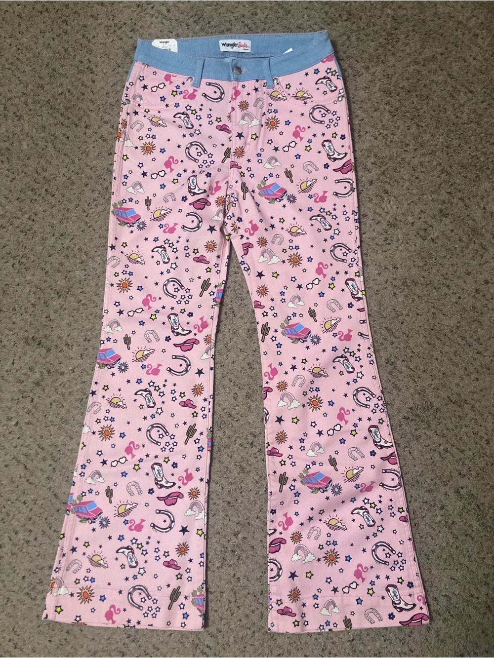 Wrangler x Barbie high rise flare printed pink jeans embroidered western pattern